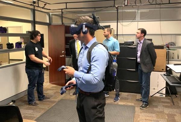 Person using virtual reality headset.